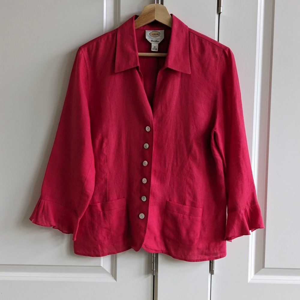 Talbots Irish Linen Jacket Shirt Size 12 Pink 3/4 Ruffle Sleeve Button Front Top